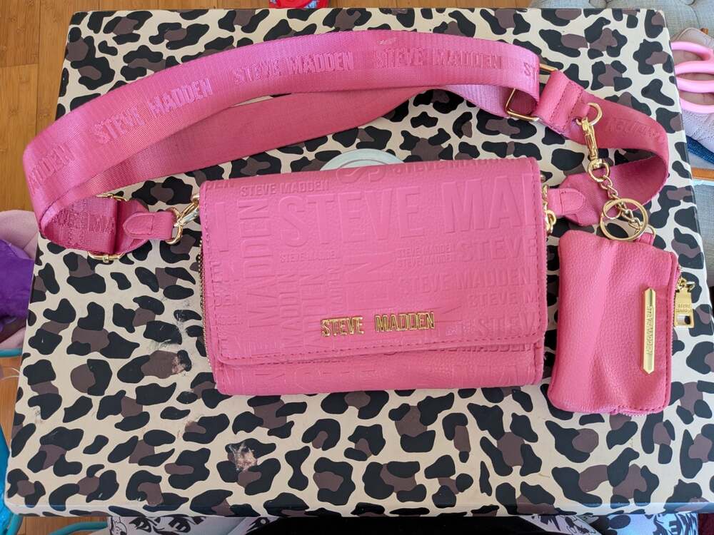 Steve Madden Pink Logo Embossed Crossbody Wallet Purse with Strap and Pouch